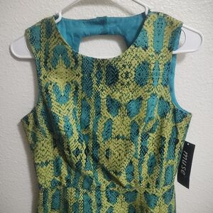 NWT Muse Blue and Green Sleeveless Sheath Dress with Square Back Neckline